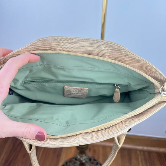 Cole Haan Buckle Canvas Tan and Gold Lizard Skin Embossed Leather Shoulder Bag - Picture 15 of 16